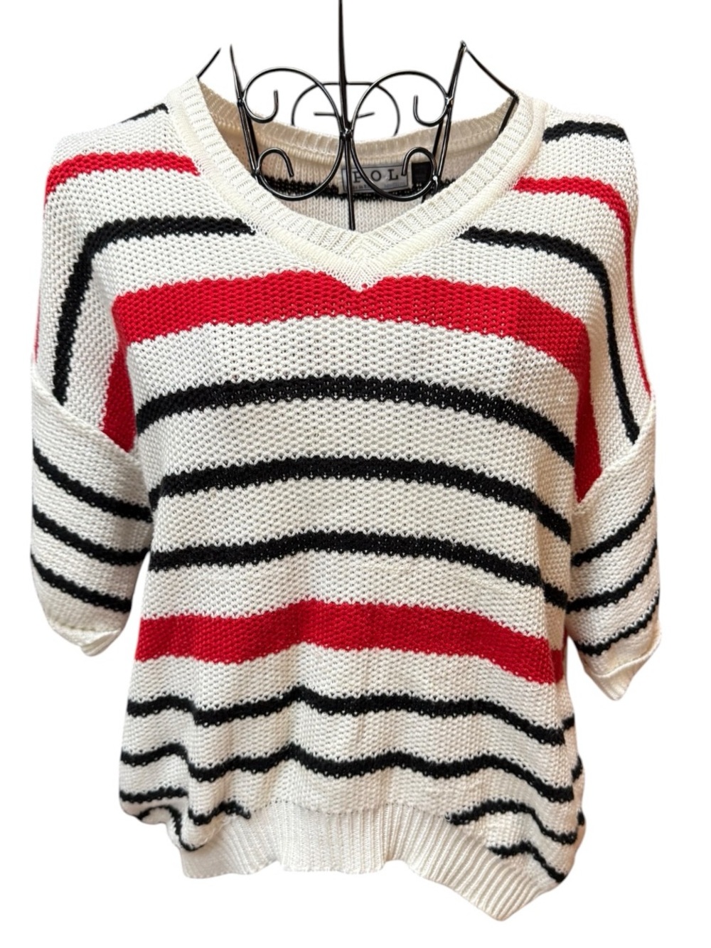 POL Women's V-Neck Striped Sweater in Cream, Red & Black Medium